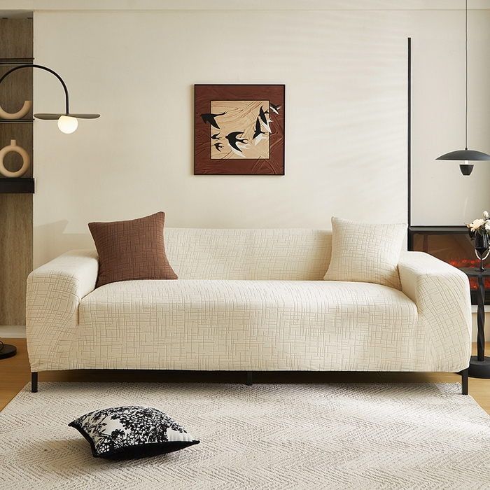 91家纺网 家纺一手货源 找家纺 飞翔家纺沙发套 2026新款素格纹沙发套 米白色