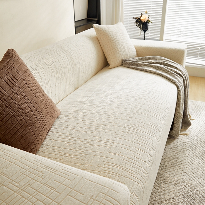 91家纺网 家纺一手货源 找家纺 飞翔家纺沙发套 2026新款素格纹沙发套 米白色