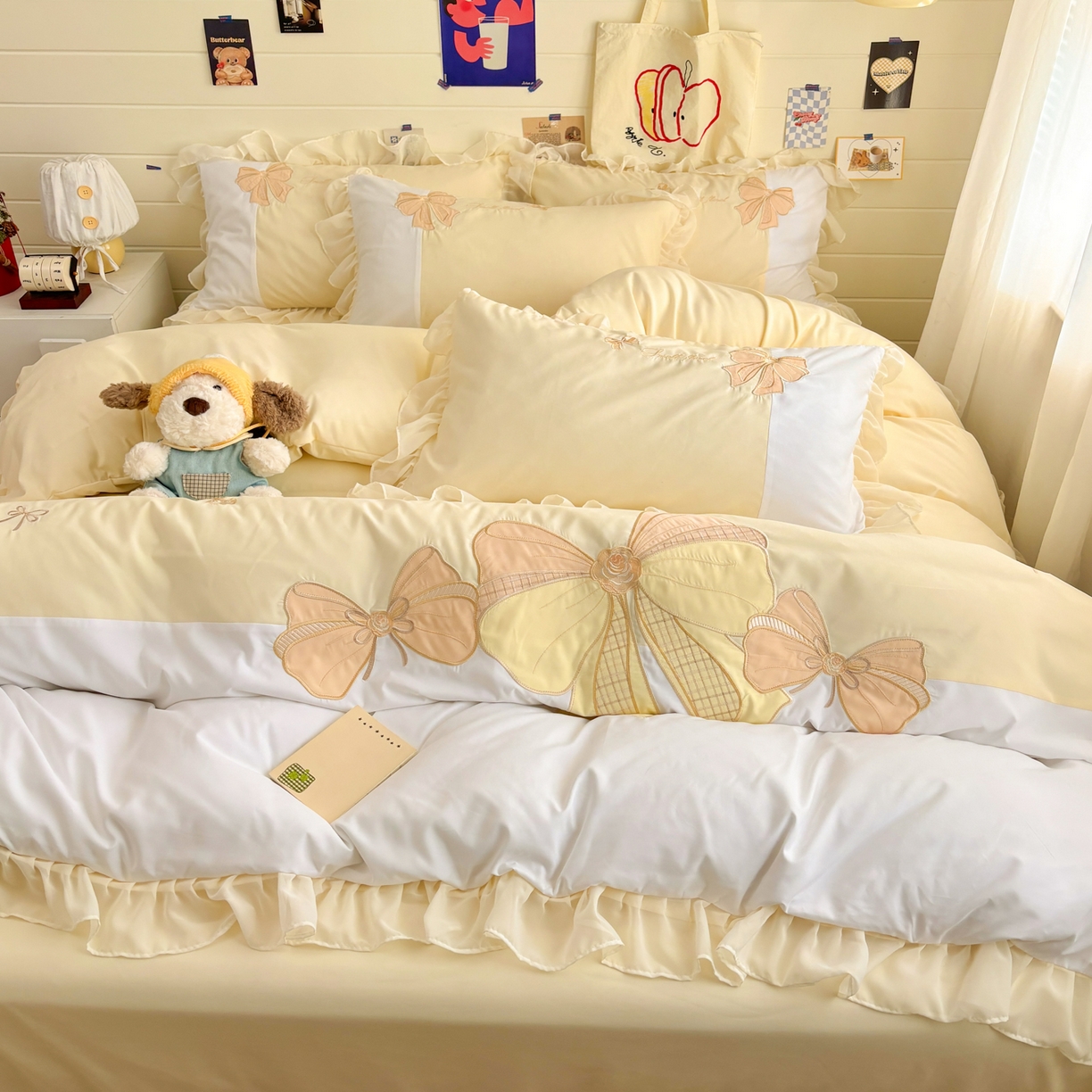 91家纺网 家纺一手货源 找家纺 慕语家纺 2026款贴布绣磨毛四件套梦蝶 梦蝶-奶黄