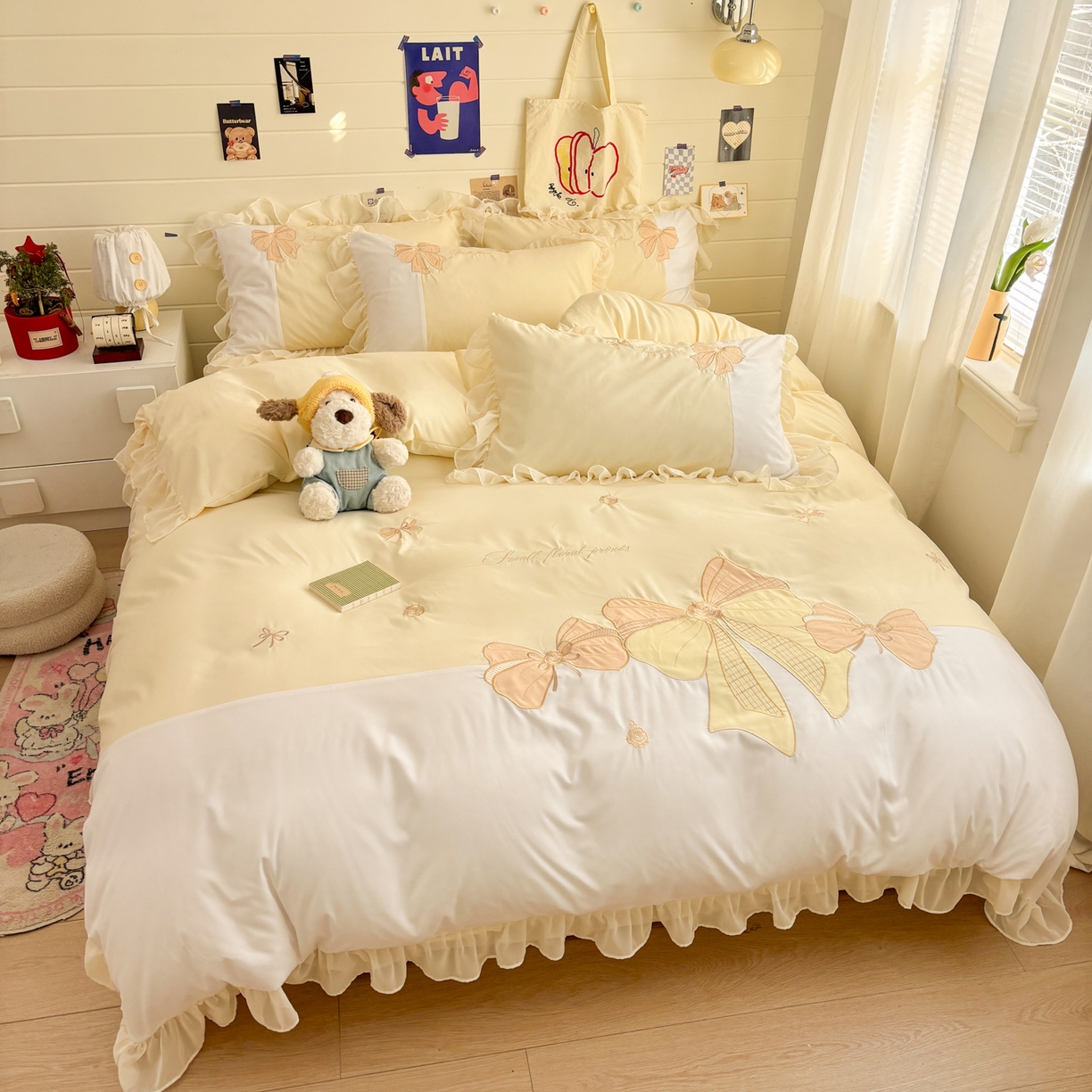 91家纺网 家纺一手货源 找家纺 慕语家纺 2026款贴布绣磨毛四件套梦蝶 梦蝶-奶黄