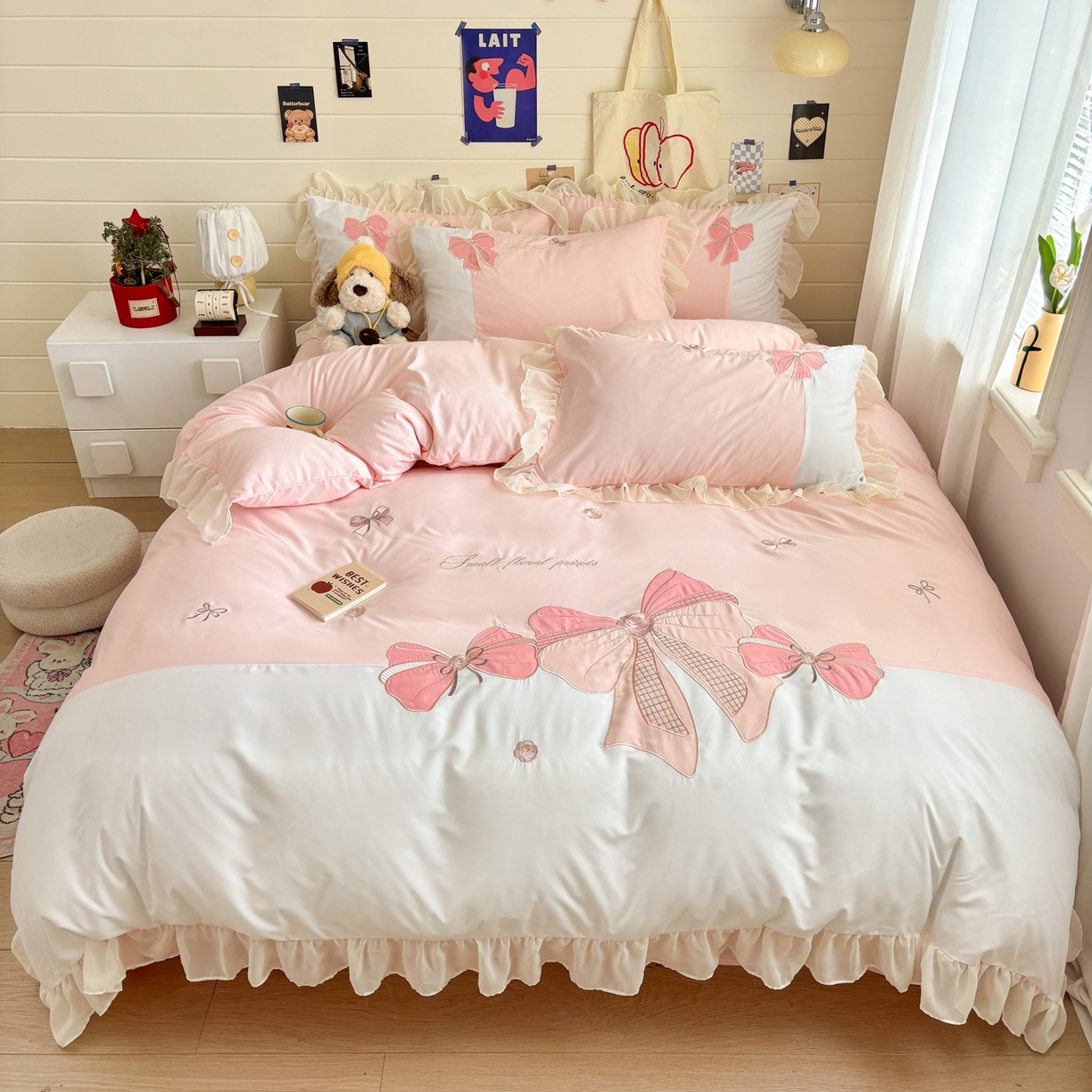 91家纺网 家纺一手货源 找家纺 慕语家纺 2026款贴布绣磨毛四件套甜心 甜心-奶油黄