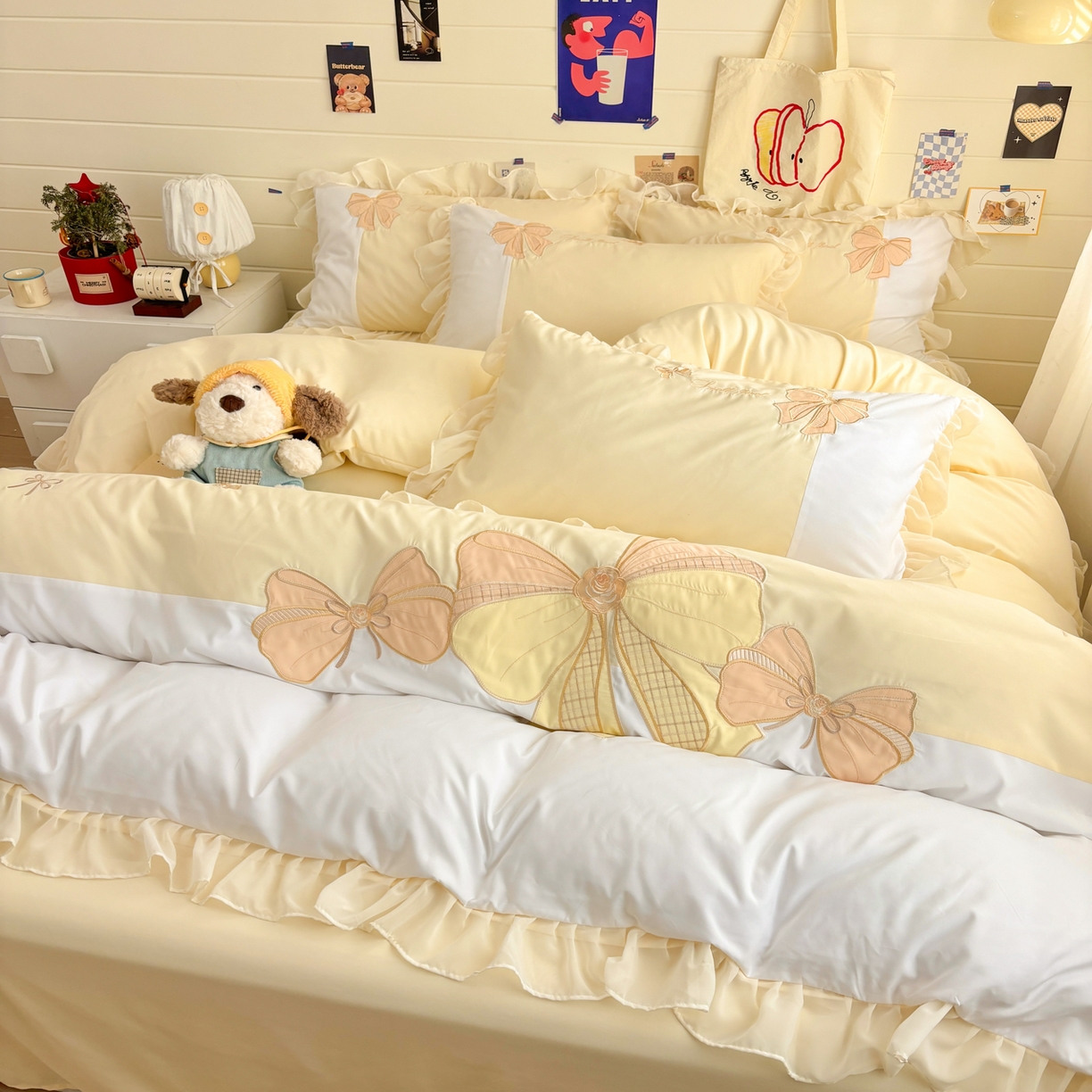 91家纺网 家纺一手货源 找家纺 慕语家纺 2026款贴布绣磨毛四件套梦蝶 梦蝶-奶黄