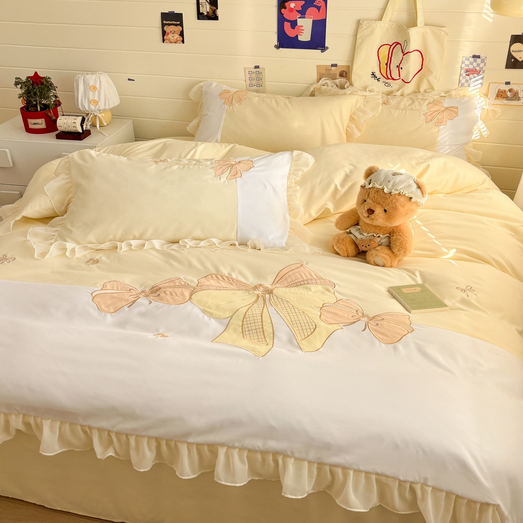 91家纺网 家纺一手货源 找家纺 慕语家纺 2026款贴布绣磨毛四件套梦蝶 梦蝶-奶黄