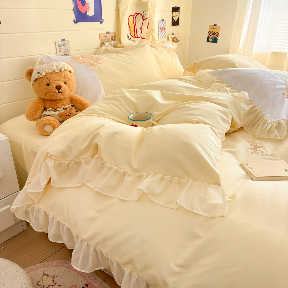 91家纺网 家纺一手货源 找家纺 慕语家纺 2026款贴布绣磨毛四件套梦蝶 梦蝶-奶黄