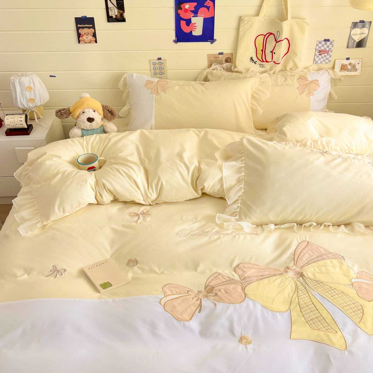 91家纺网 家纺一手货源 找家纺 慕语家纺 2026款贴布绣磨毛四件套梦蝶 梦蝶-奶黄