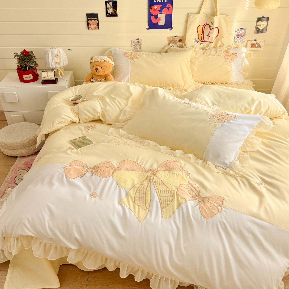 91家纺网 家纺一手货源 找家纺 慕语家纺 2026款贴布绣磨毛四件套梦蝶 梦蝶-奶黄