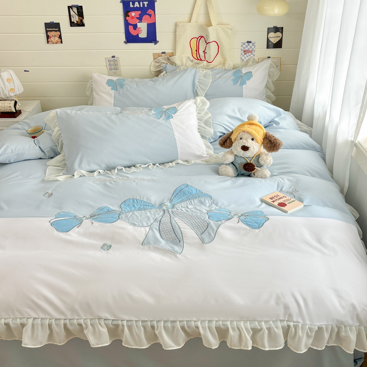 91家纺网 家纺一手货源 找家纺 慕语家纺 2026款贴布绣磨毛四件套梦蝶 梦蝶-浅蓝