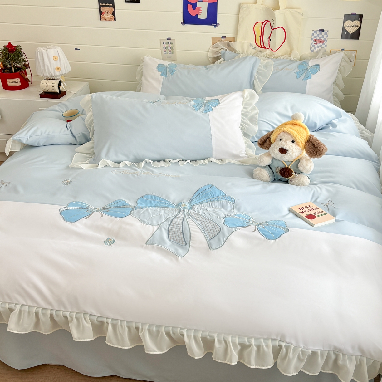 91家纺网 家纺一手货源 找家纺 慕语家纺 2026款贴布绣磨毛四件套梦蝶 梦蝶-浅蓝