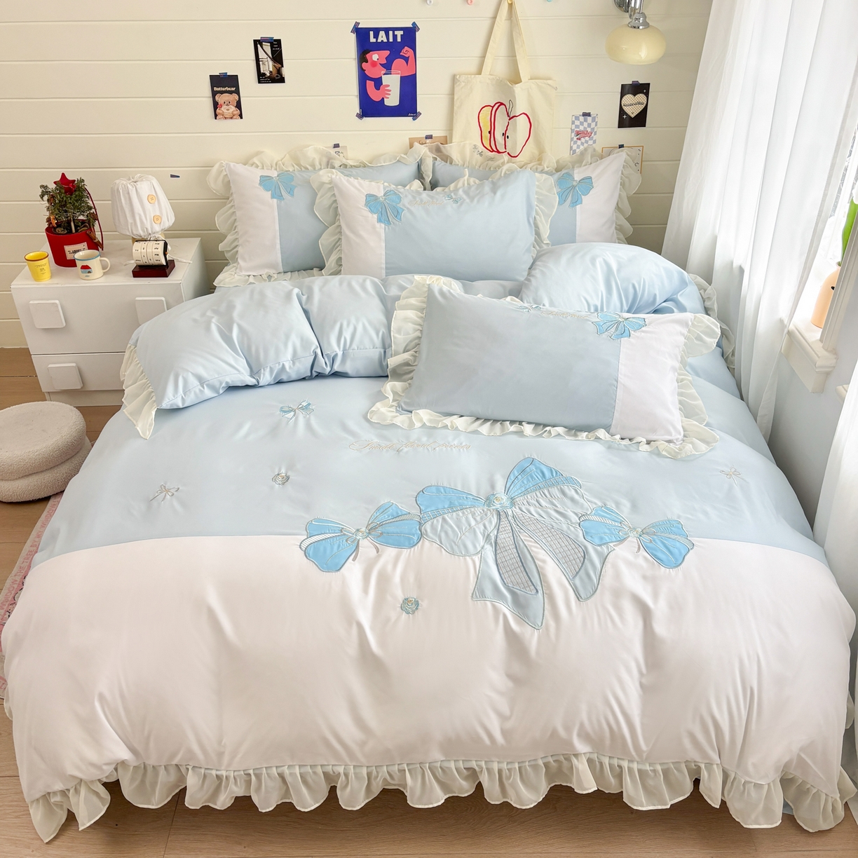 慕语家纺 2026款贴布绣磨毛四件套梦蝶 梦蝶-浅蓝