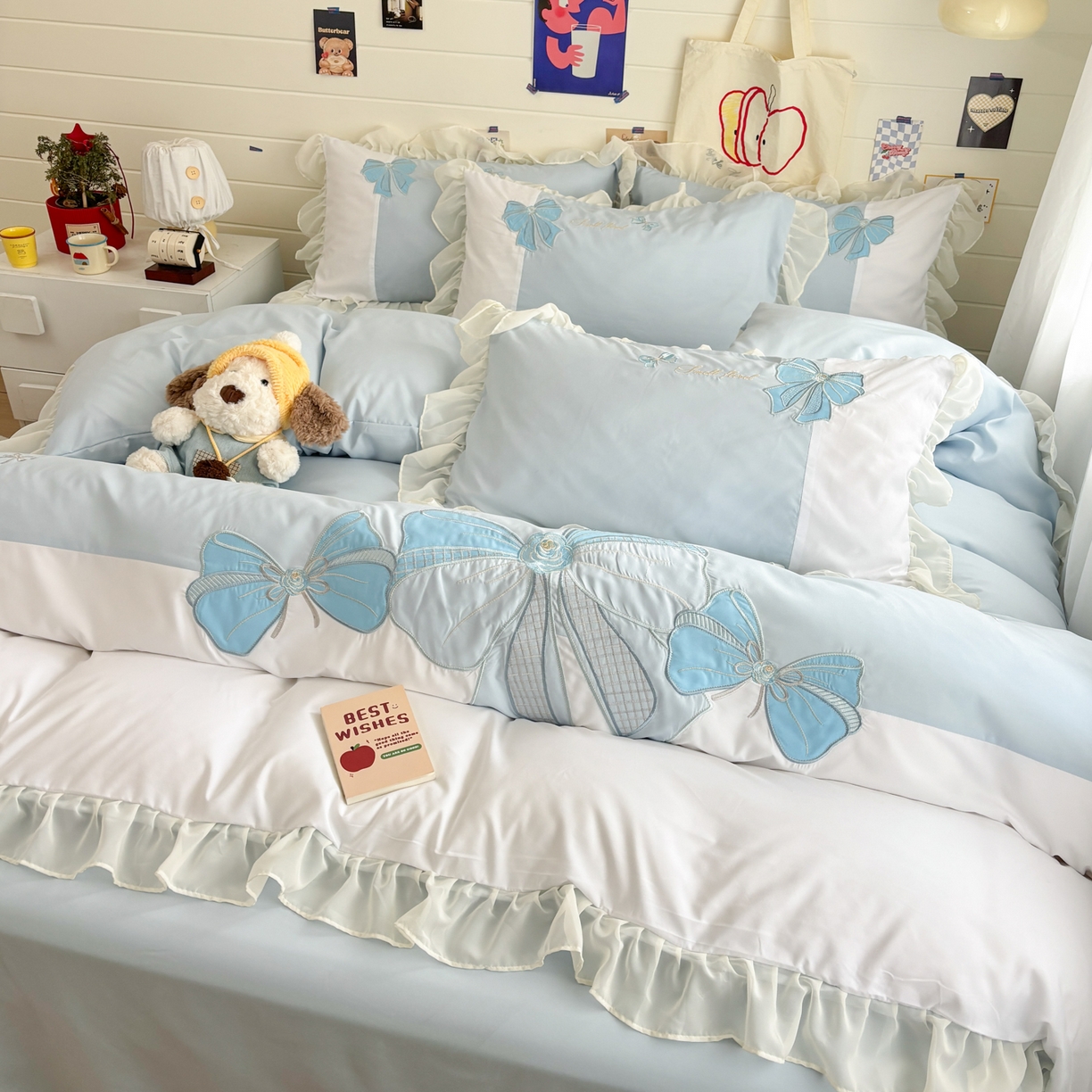 91家纺网 家纺一手货源 找家纺 慕语家纺 2026款贴布绣磨毛四件套梦蝶 梦蝶-浅蓝