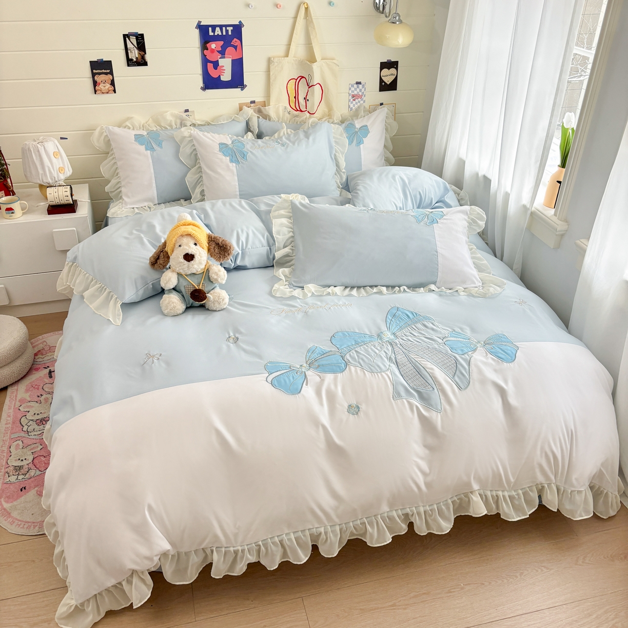 91家纺网 家纺一手货源 找家纺 慕语家纺 2026款贴布绣磨毛四件套梦蝶 梦蝶-浅蓝