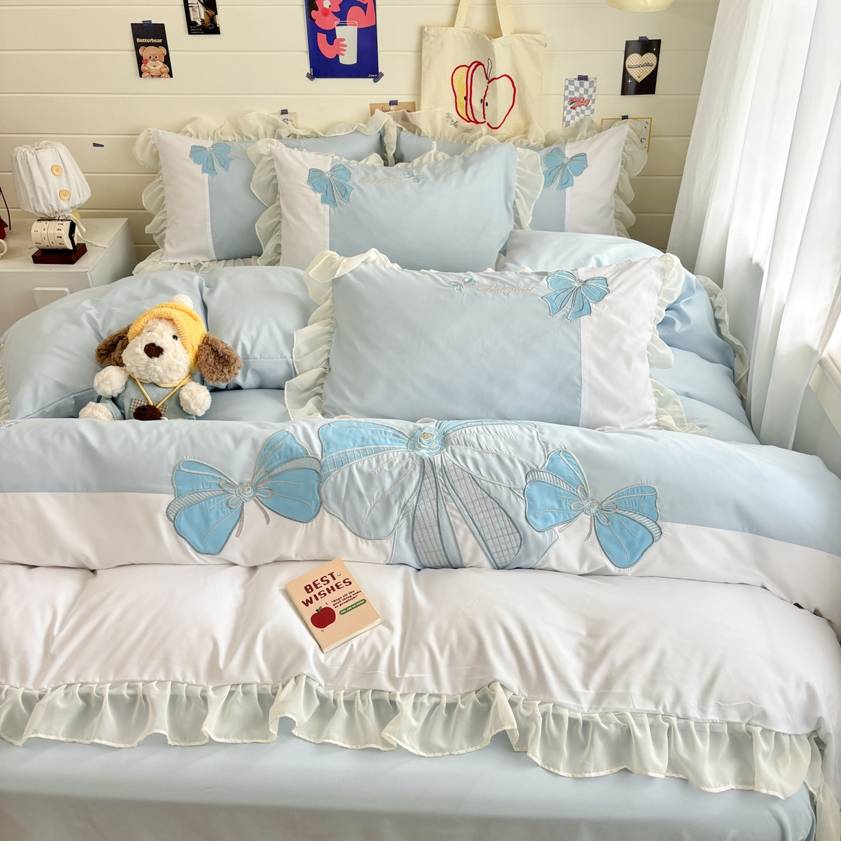 91家纺网 家纺一手货源 找家纺 慕语家纺 2026款贴布绣磨毛四件套梦蝶 梦蝶-浅蓝