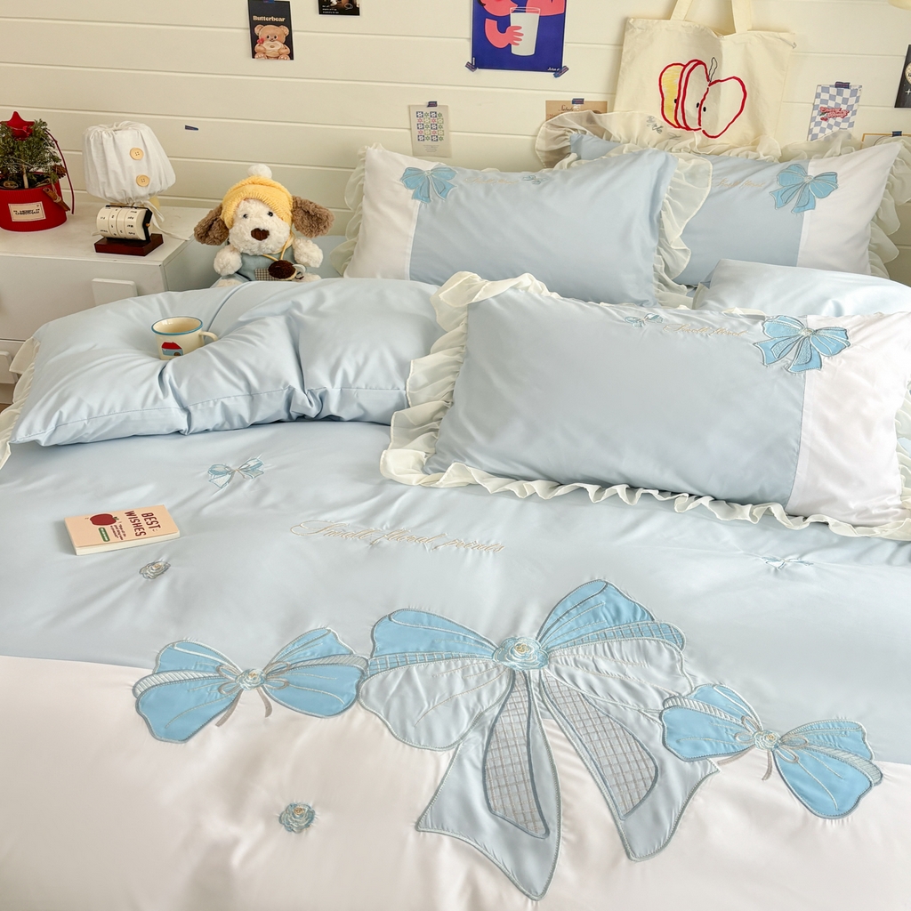 91家纺网 家纺一手货源 找家纺 慕语家纺 2026款贴布绣磨毛四件套梦蝶 梦蝶-浅蓝