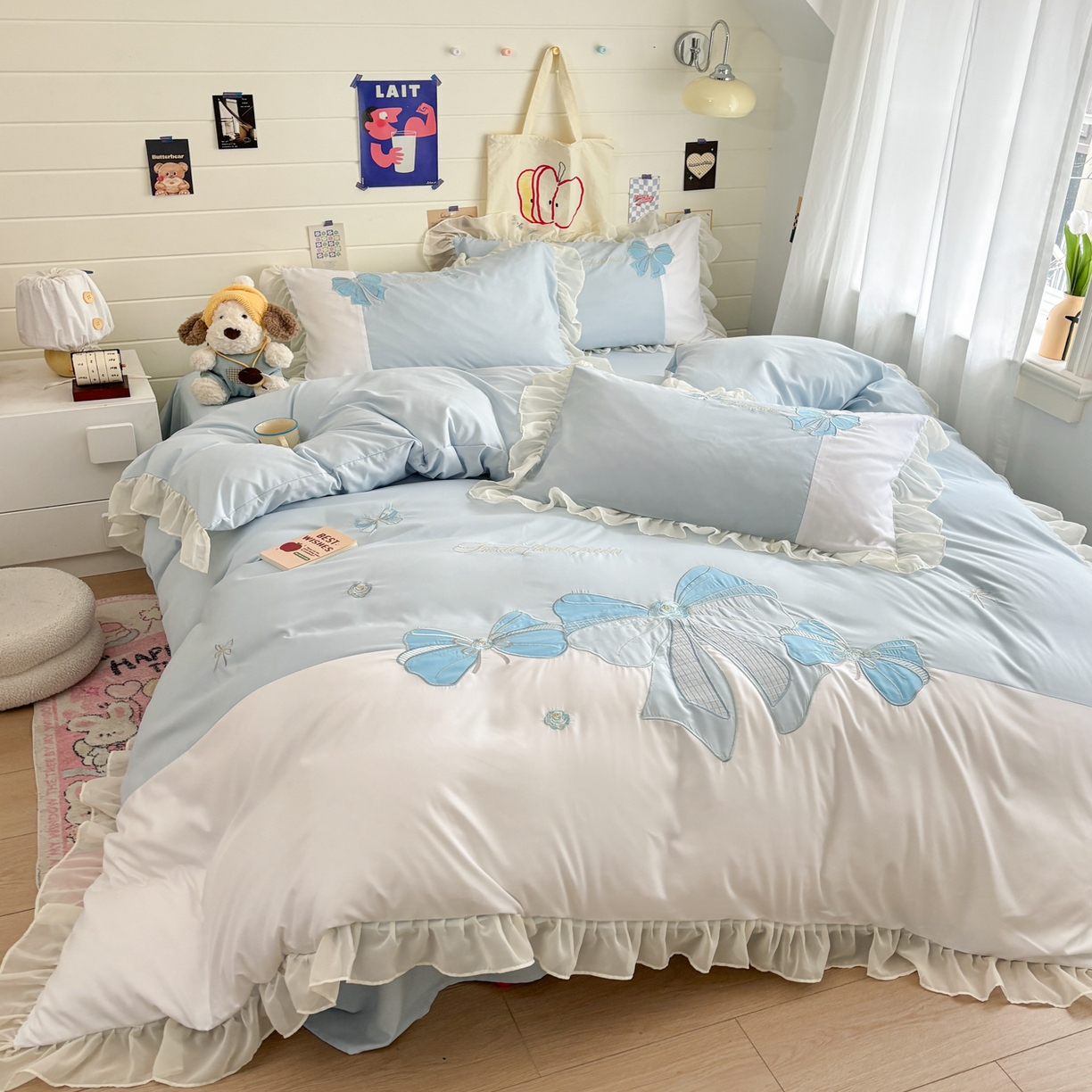 91家纺网 家纺一手货源 找家纺 慕语家纺 2026款贴布绣磨毛四件套梦蝶 梦蝶-浅蓝