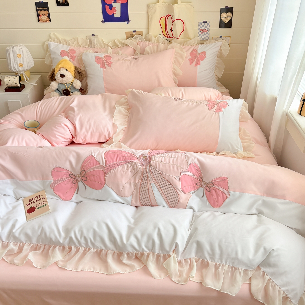 91家纺网 家纺一手货源 找家纺 慕语家纺 2026款贴布绣磨毛四件套梦蝶 梦蝶-浅玉