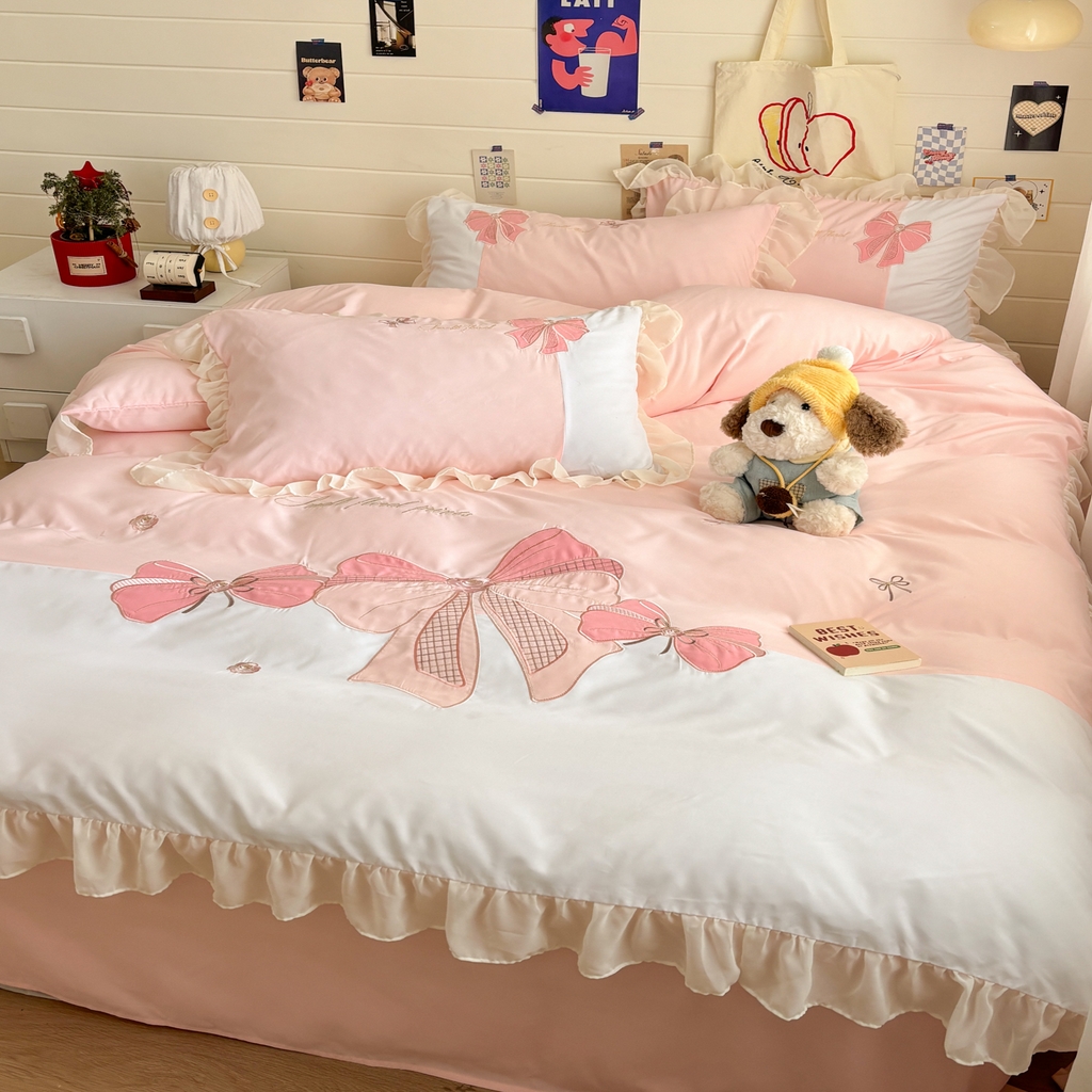 91家纺网 家纺一手货源 找家纺 慕语家纺 2026款贴布绣磨毛四件套梦蝶 梦蝶-浅玉