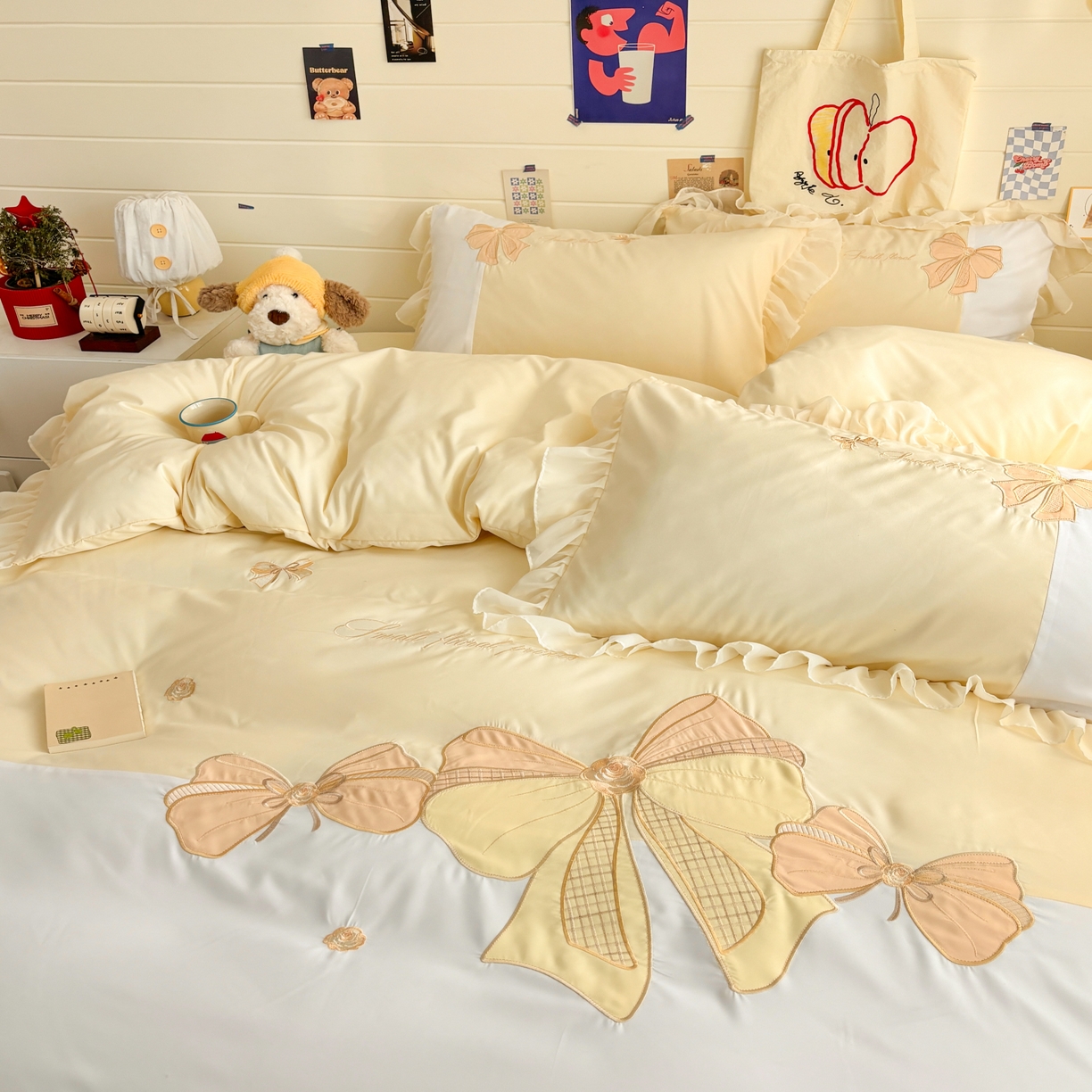 91家纺网 家纺一手货源 找家纺 慕语家纺 2026款贴布绣磨毛四件套梦蝶 梦蝶-奶黄