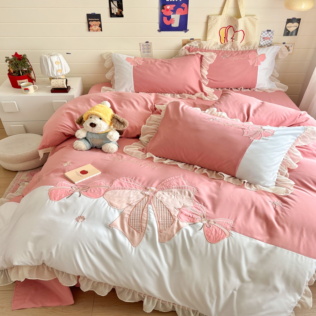 91家纺网 家纺一手货源 找家纺 慕语家纺 2026款贴布绣磨毛四件套梦蝶 梦蝶-豆沙