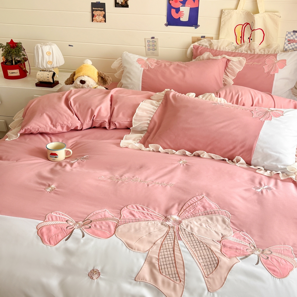 91家纺网 家纺一手货源 找家纺 慕语家纺 2026款贴布绣磨毛四件套梦蝶 梦蝶-豆沙