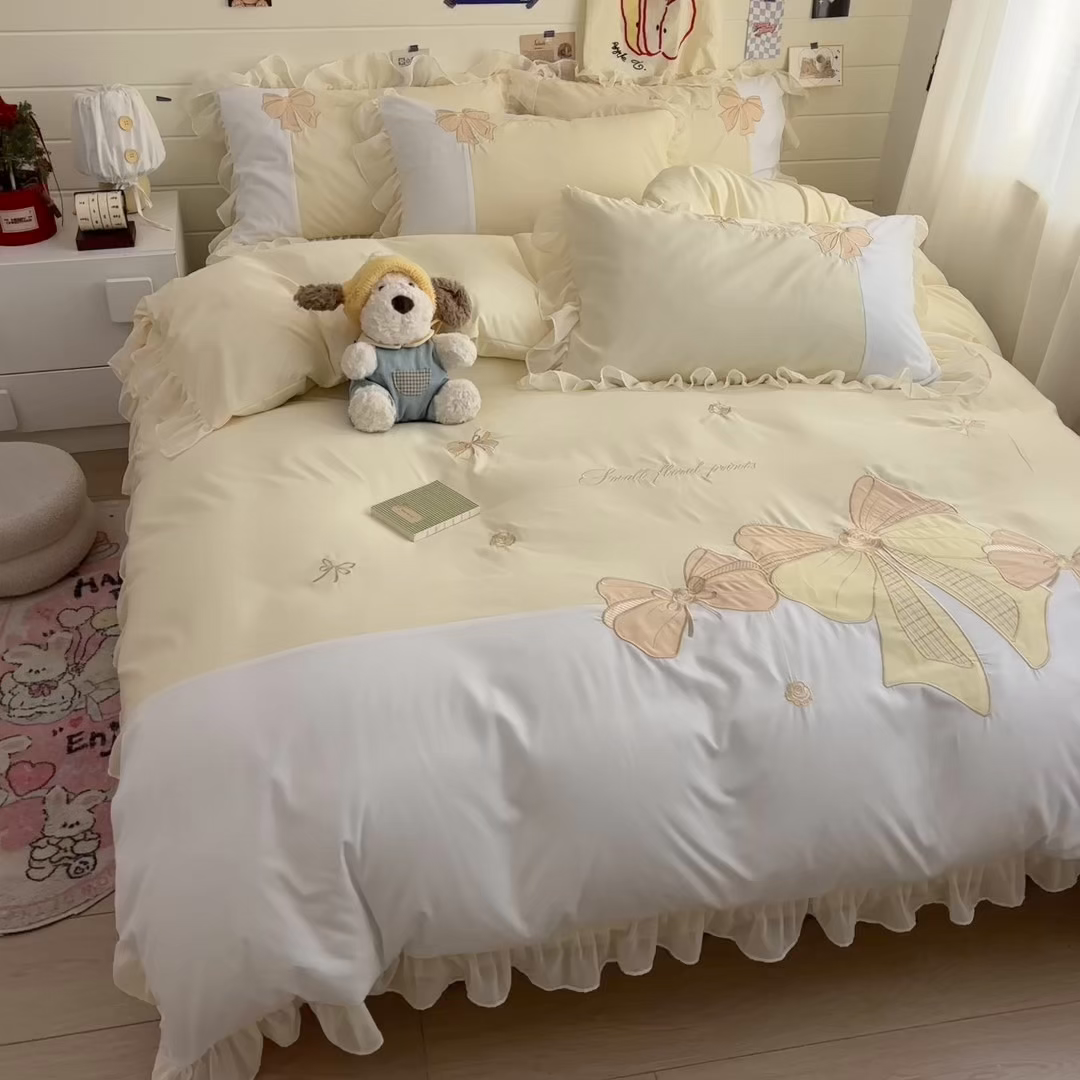 91家纺网 家纺一手货源 找家纺 慕语家纺 2026款贴布绣磨毛四件套梦蝶 梦蝶-奶黄