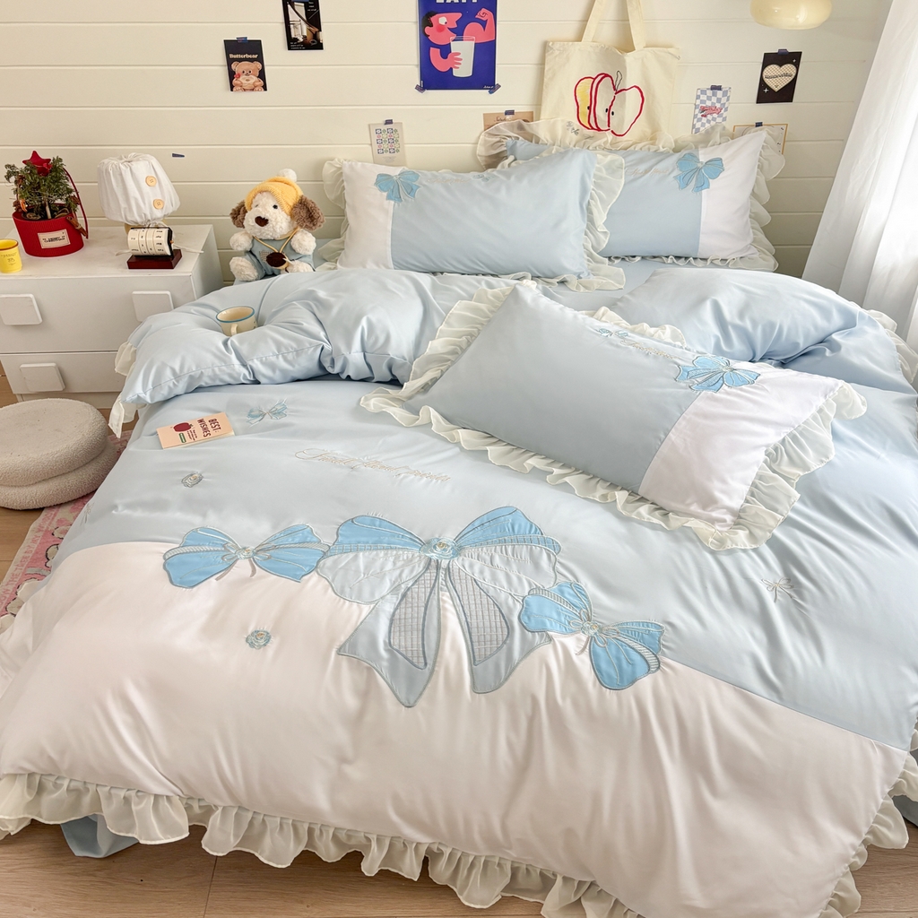 91家纺网 家纺一手货源 找家纺 慕语家纺 2026款贴布绣磨毛四件套梦蝶 梦蝶-浅蓝