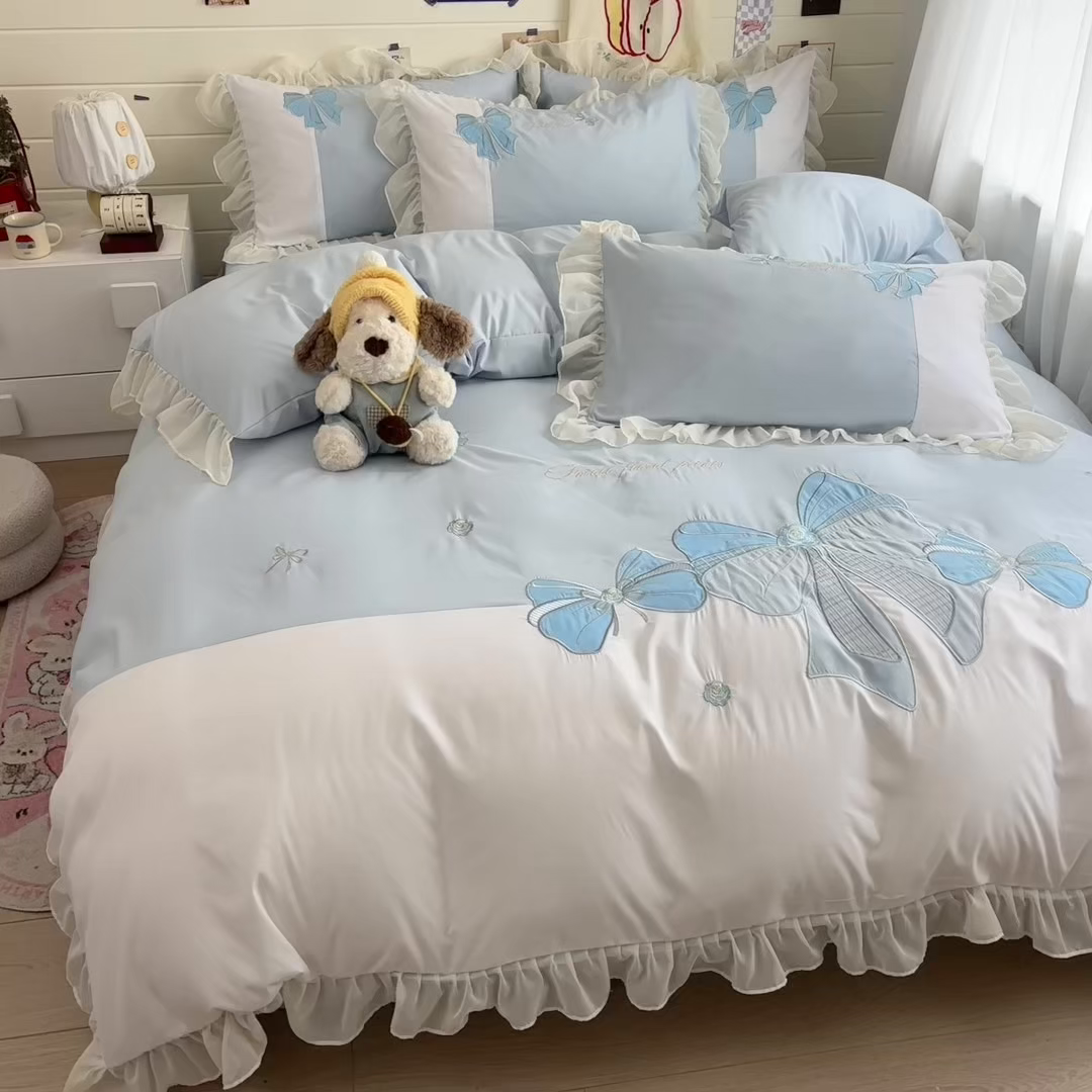 91家纺网 家纺一手货源 找家纺 慕语家纺 2026款贴布绣磨毛四件套梦蝶 梦蝶-浅蓝