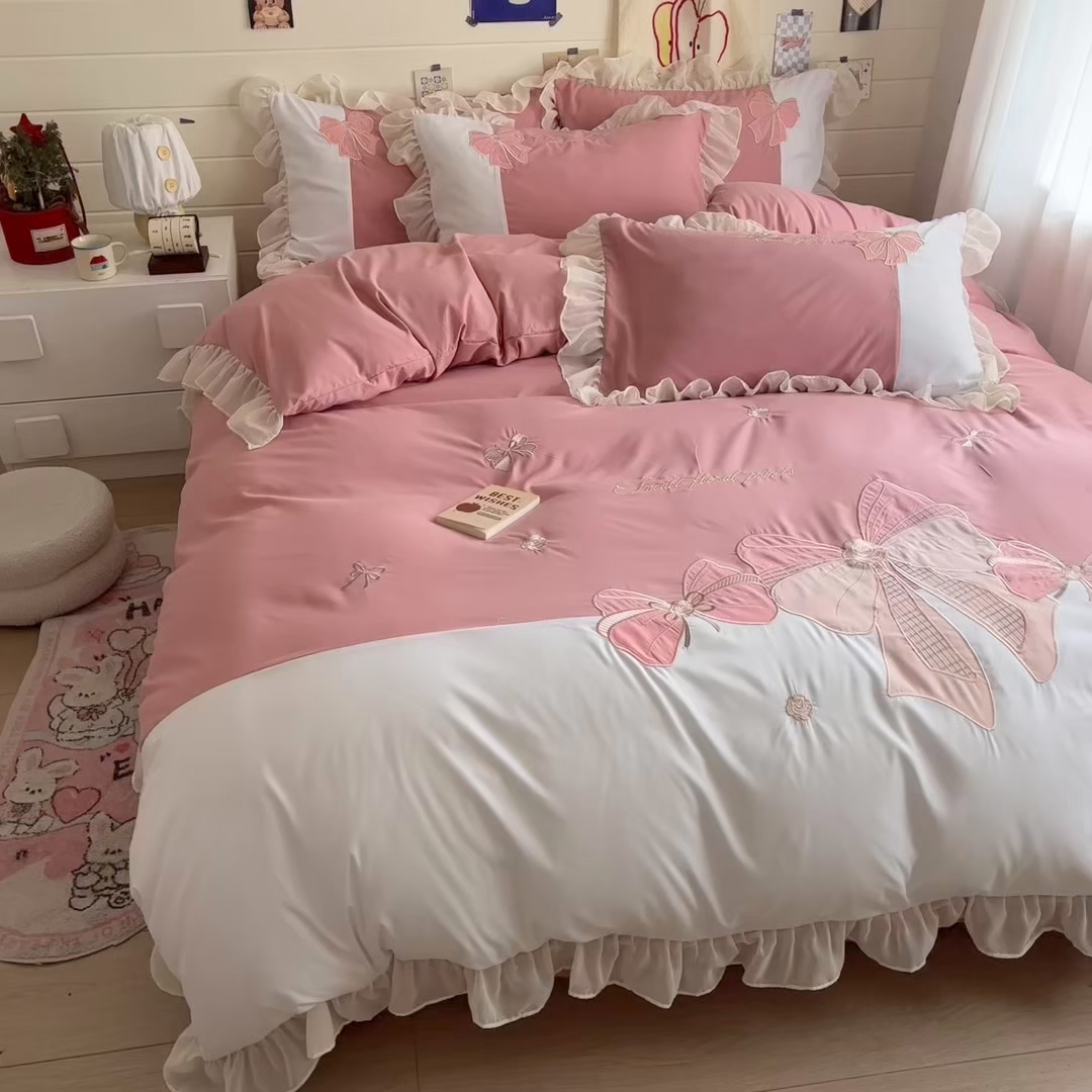 91家纺网 家纺一手货源 找家纺 慕语家纺 2026款贴布绣磨毛四件套梦蝶 梦蝶-豆沙