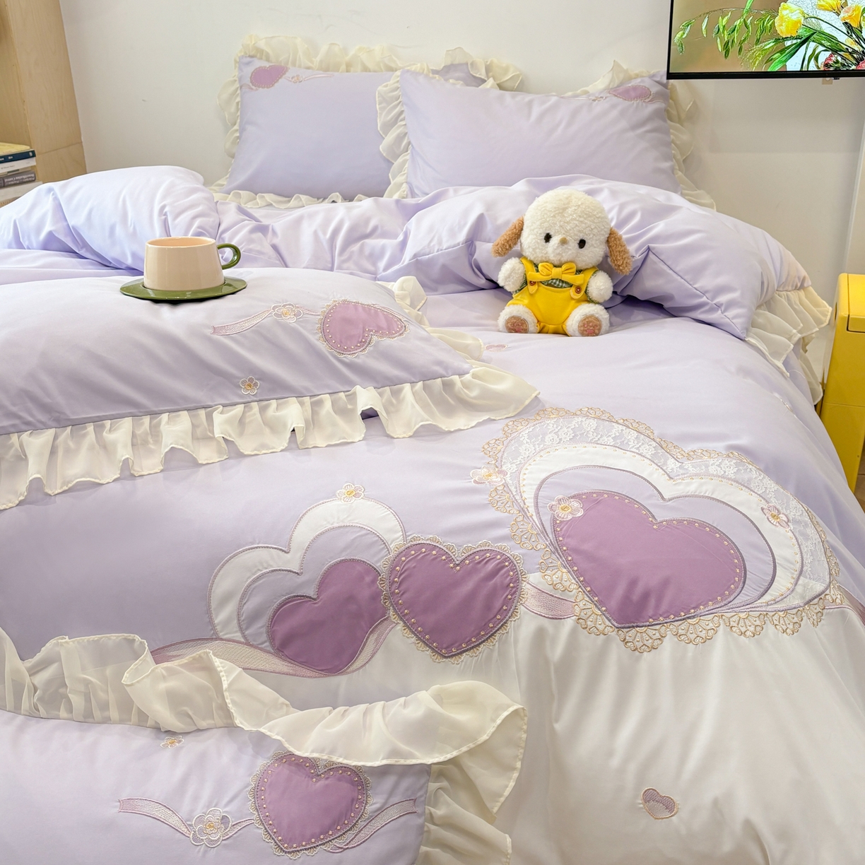 91家纺网 家纺一手货源 找家纺 慕语家纺 2026款贴布绣磨毛四件套甜心 甜心-风信紫