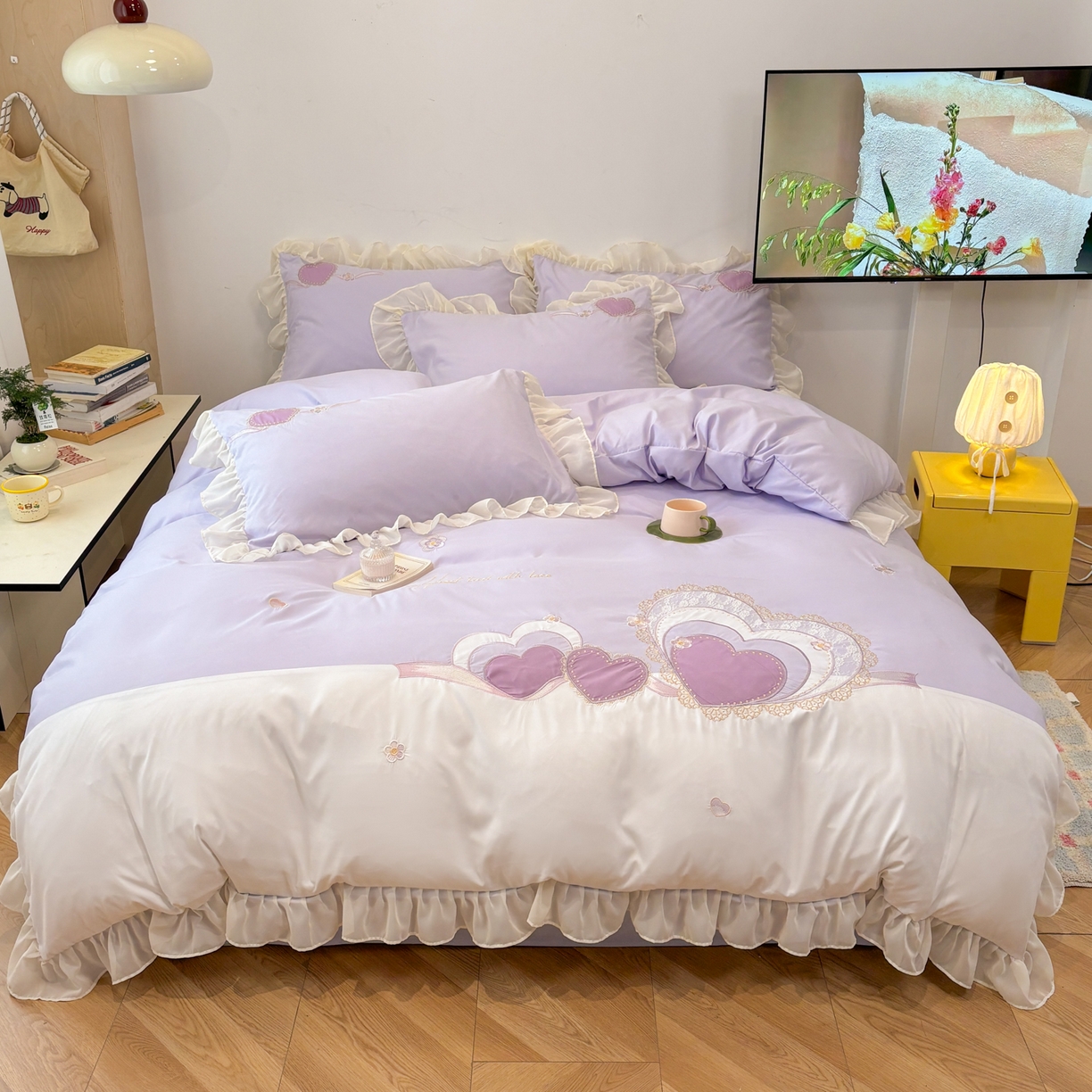 慕语家纺 2026款贴布绣磨毛四件套甜心 甜心-风信紫