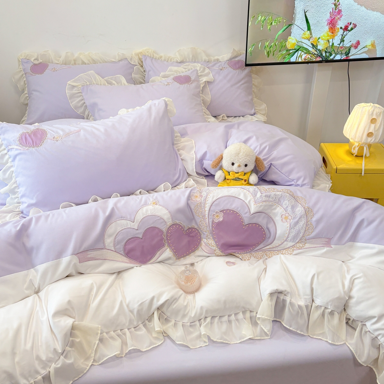 91家纺网 家纺一手货源 找家纺 慕语家纺 2026款贴布绣磨毛四件套甜心 甜心-风信紫