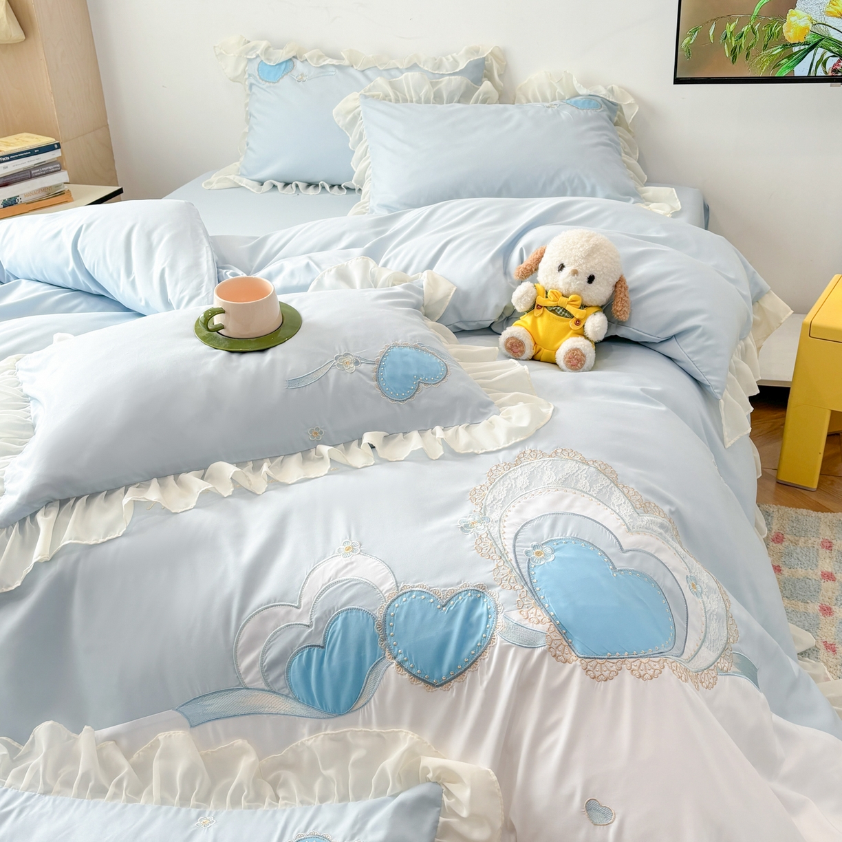 91家纺网 家纺一手货源 找家纺 慕语家纺 2026款贴布绣磨毛四件套甜心 甜心-海盐蓝