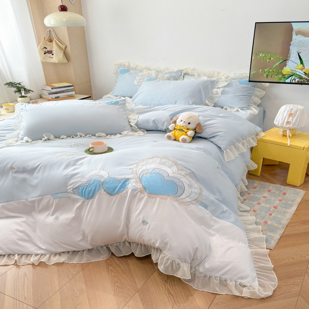 91家纺网 家纺一手货源 找家纺 慕语家纺 2026款贴布绣磨毛四件套甜心 甜心-海盐蓝