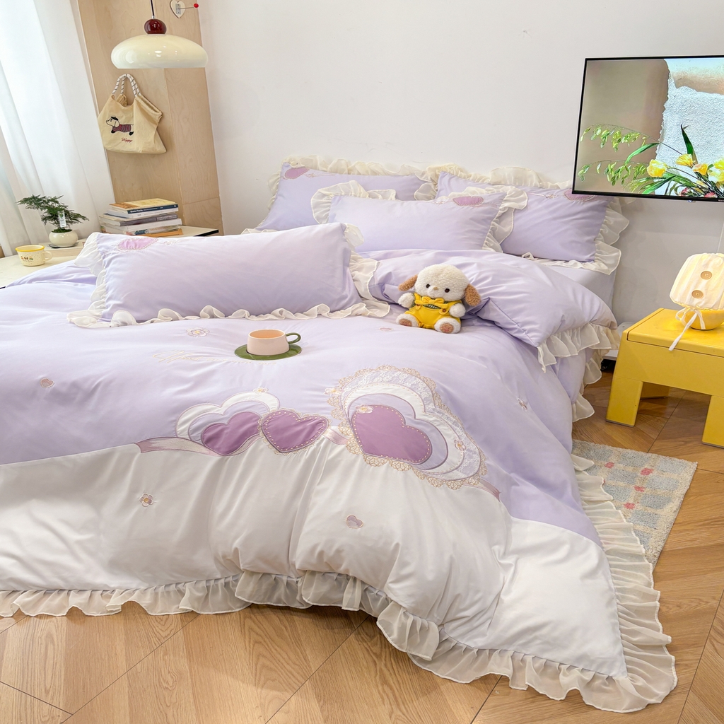 91家纺网 家纺一手货源 找家纺 慕语家纺 2026款贴布绣磨毛四件套甜心 甜心-风信紫