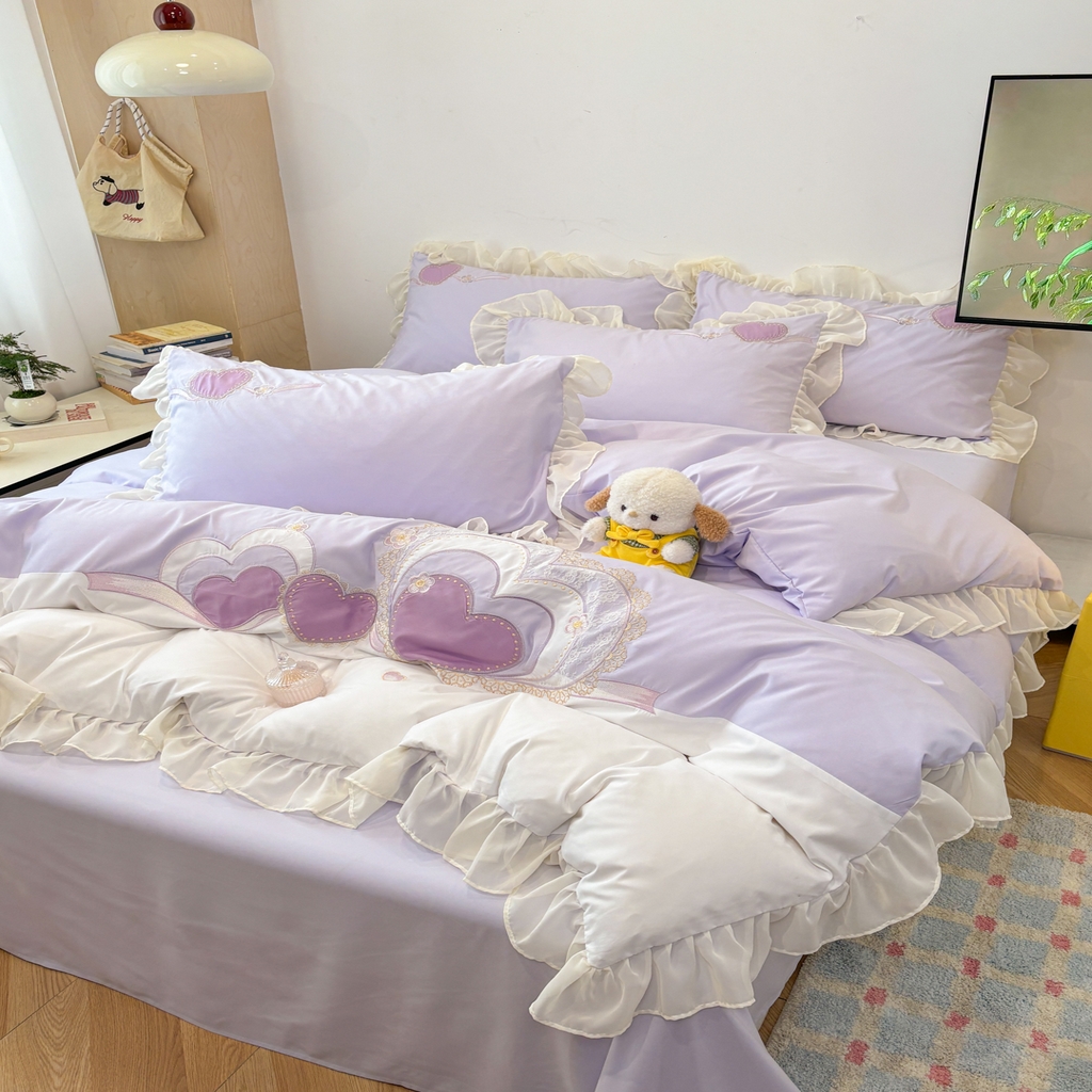 91家纺网 家纺一手货源 找家纺 慕语家纺 2026款贴布绣磨毛四件套甜心 甜心-风信紫