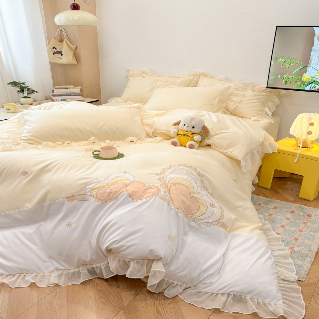 91家纺网 家纺一手货源 找家纺 慕语家纺 2026款贴布绣磨毛四件套甜心 甜心-奶油黄