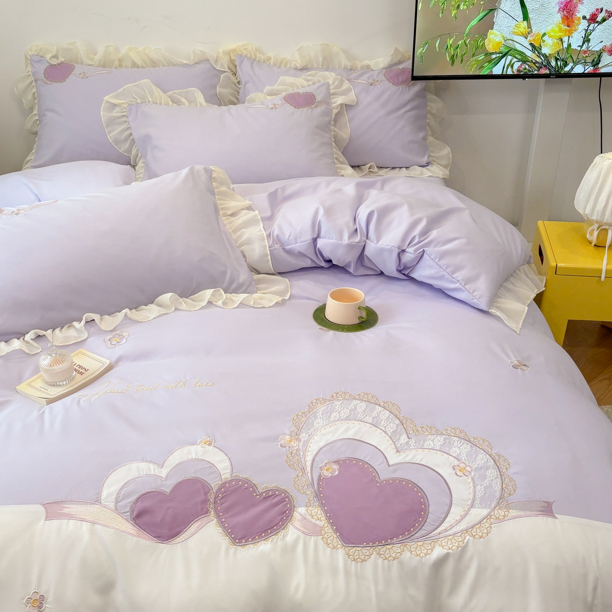 91家纺网 家纺一手货源 找家纺 慕语家纺 2026款贴布绣磨毛四件套甜心 甜心-风信紫