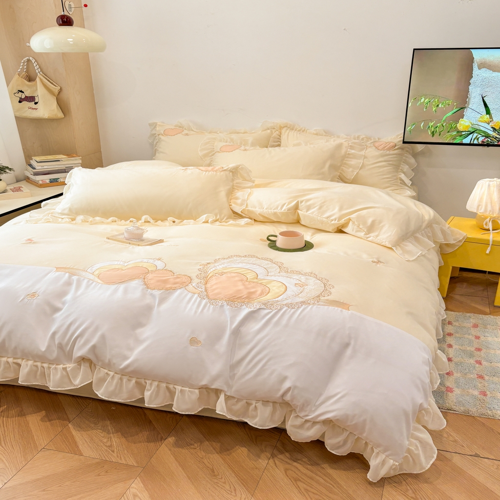 91家纺网 家纺一手货源 找家纺 慕语家纺 2026款贴布绣磨毛四件套甜心 甜心-奶油黄