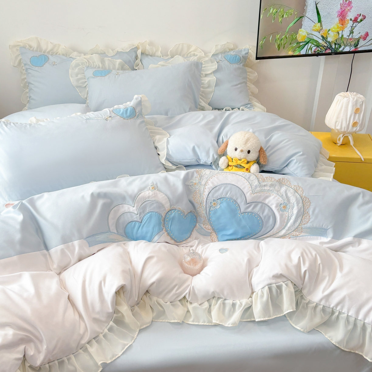 91家纺网 家纺一手货源 找家纺 慕语家纺 2026款贴布绣磨毛四件套甜心 甜心-海盐蓝