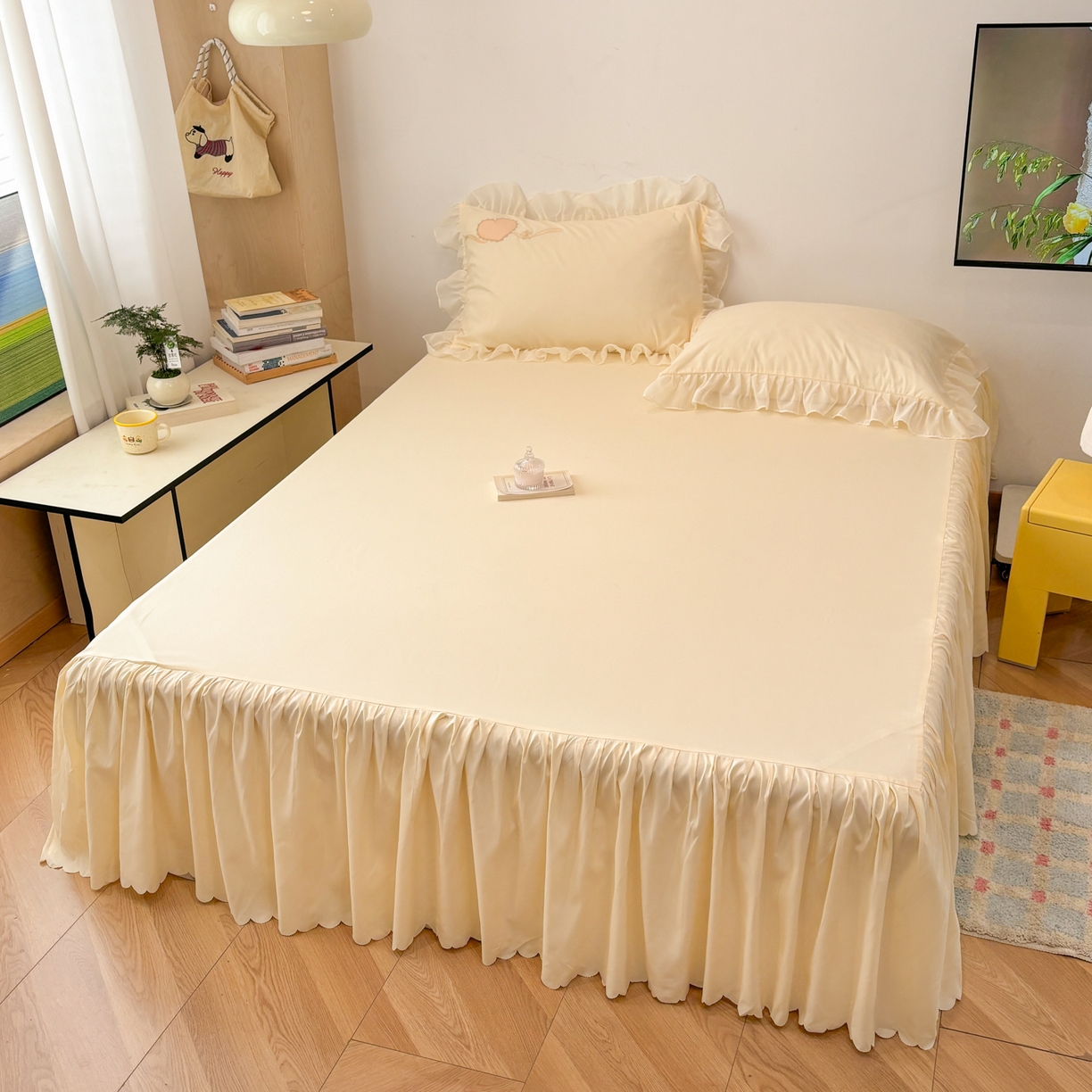 91家纺网 家纺一手货源 找家纺 慕语家纺 2026款贴布绣磨毛四件套甜心 甜心-奶油黄