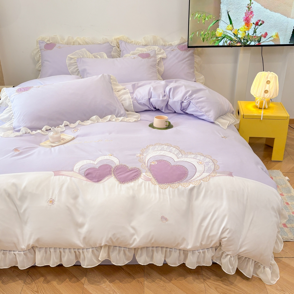 91家纺网 家纺一手货源 找家纺 慕语家纺 2026款贴布绣磨毛四件套甜心 甜心-风信紫