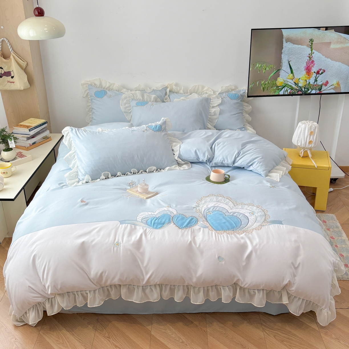 慕语家纺 2026款贴布绣磨毛四件套甜心 甜心-海盐蓝