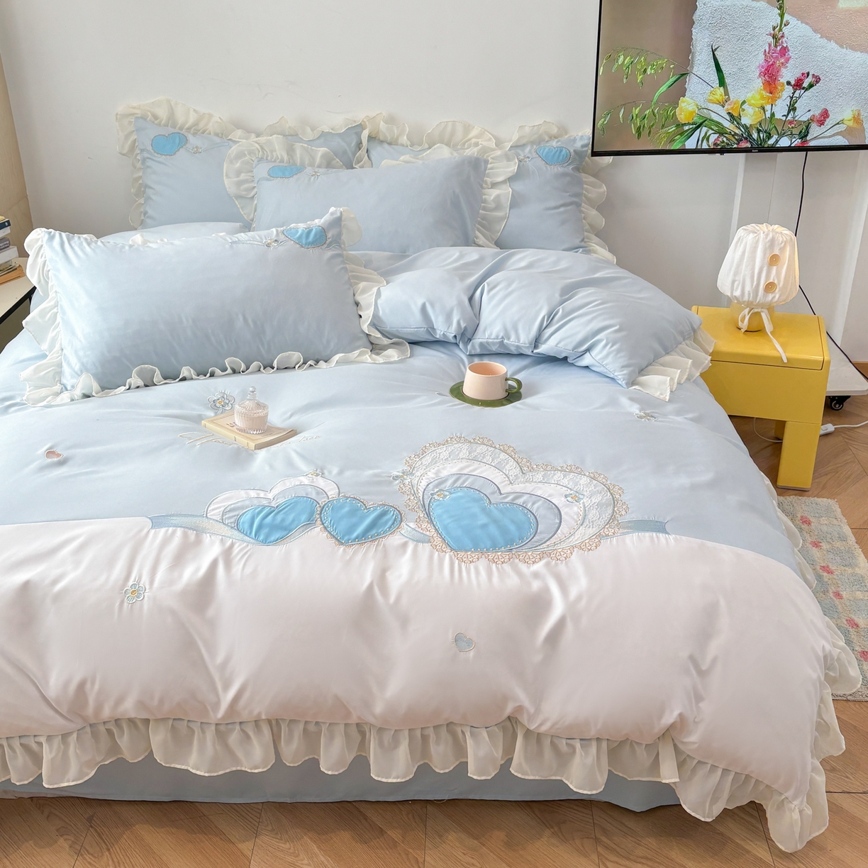 91家纺网 家纺一手货源 找家纺 慕语家纺 2026款贴布绣磨毛四件套甜心 甜心-海盐蓝