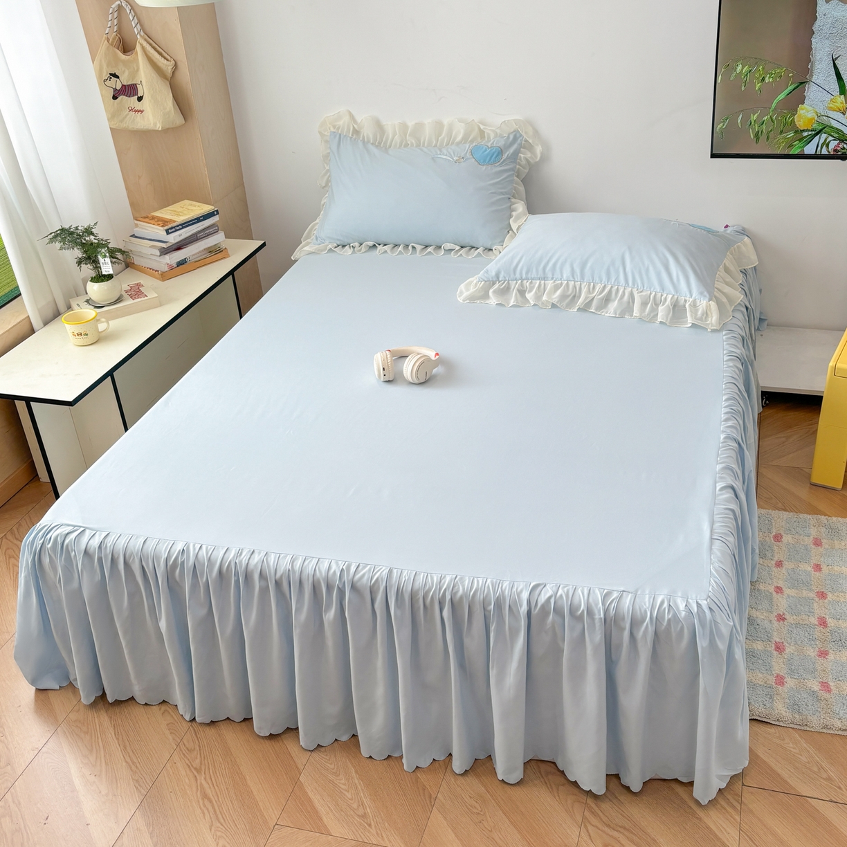 91家纺网 家纺一手货源 找家纺 慕语家纺 2026款贴布绣磨毛四件套甜心 甜心-海盐蓝