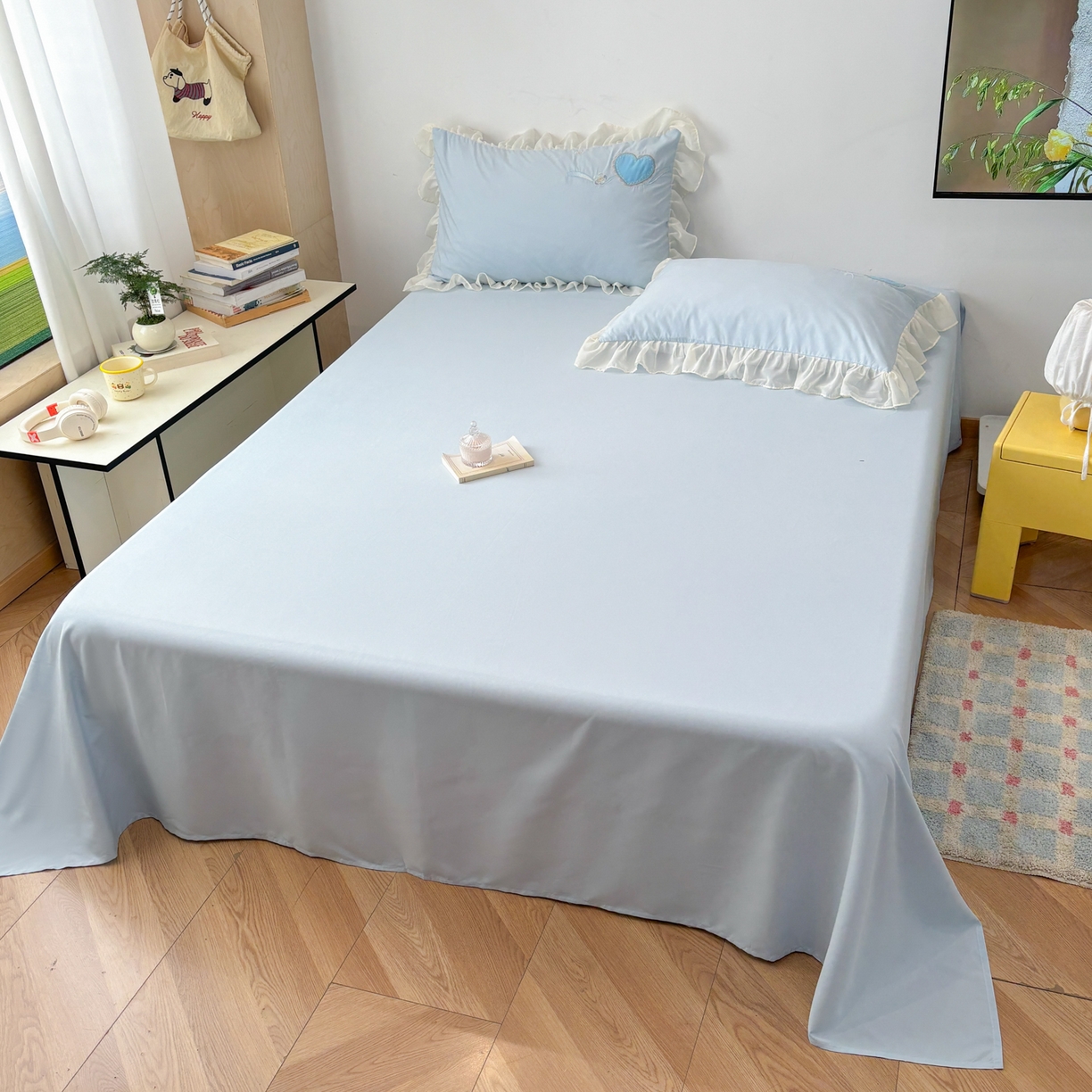 91家纺网 家纺一手货源 找家纺 慕语家纺 2026款贴布绣磨毛四件套甜心 甜心-海盐蓝