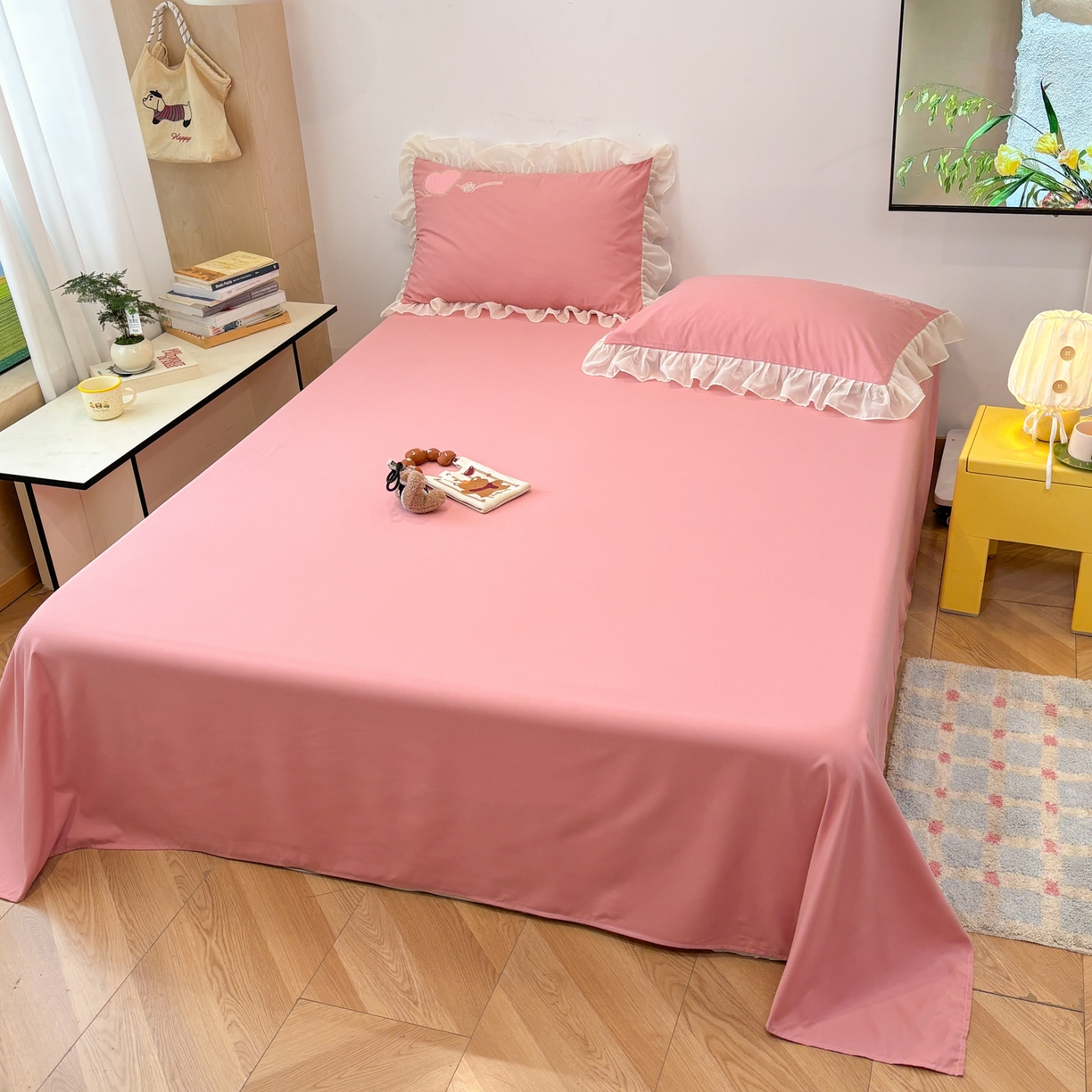 91家纺网 家纺一手货源 找家纺 慕语家纺 2026款贴布绣磨毛四件套甜心 甜心-豆沙粉