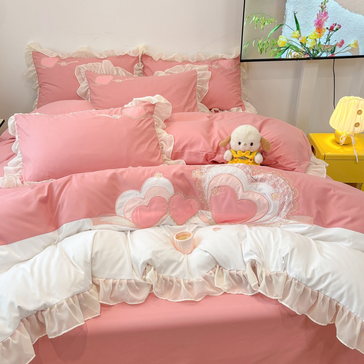 91家纺网 家纺一手货源 找家纺 慕语家纺 2026款贴布绣磨毛四件套甜心 甜心-豆沙粉