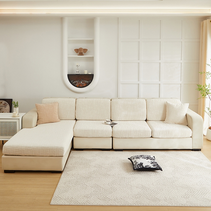 91家纺网 家纺一手货源 找家纺 飞翔家纺沙发套 2026新款舒适亲肤素格纹-坐垫套 米白色