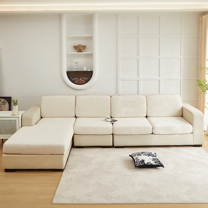 91家纺网 家纺一手货源 找家纺 飞翔家纺沙发套 2026新款舒适亲肤素格纹-坐垫套 米白色