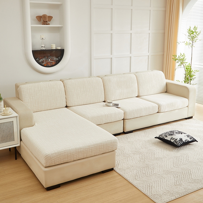 91家纺网 家纺一手货源 找家纺 飞翔家纺沙发套 2026新款舒适亲肤素格纹-坐垫套 米白色