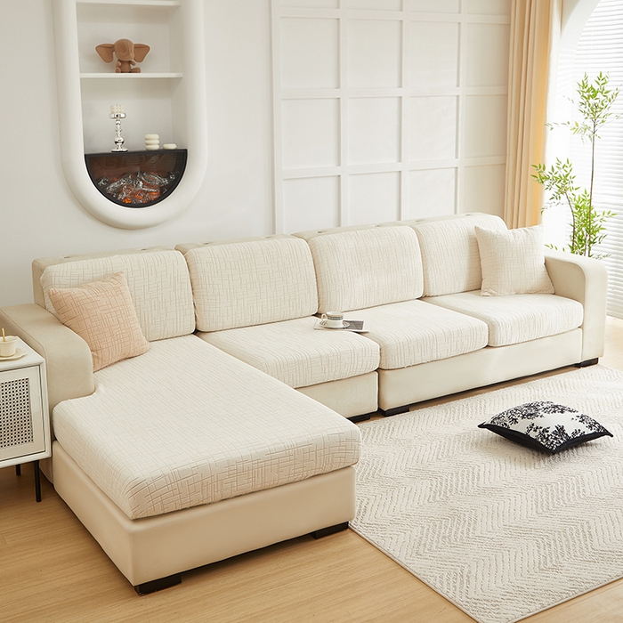 91家纺网 家纺一手货源 找家纺 飞翔家纺沙发套 2026新款舒适亲肤素格纹-坐垫套 米白色